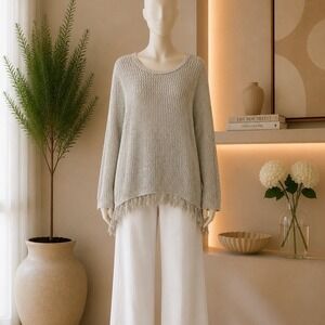 J. Jill Sweater XL Tunic Beige Fringed Hem Cotton Blend Textured Boho Coastal